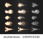 Firearm muzzle flash special effects isolated on transparency grid, various smoke cloud after gun being fired a realistic vector illustrations, rifle, shotgun, pistol or handgun shot flash collection 