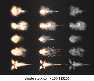 Firearm muzzle flash special effects isolated on transparency grid, various smoke cloud after gun being fired a realistic vector illustrations, rifle, shotgun, pistol or handgun shot flash collection 