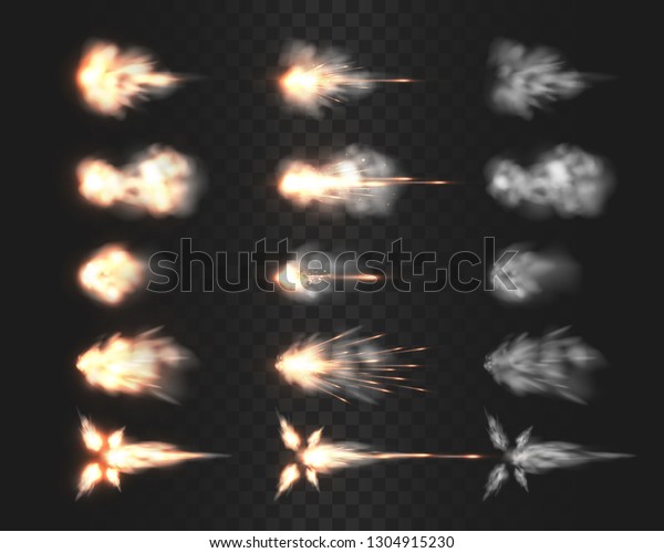 Firearm muzzle flash special effects isolated on\
transparency grid, various smoke cloud after gun being fired a\
realistic vector illustrations, rifle, shotgun, pistol or handgun\
shot flash collection 