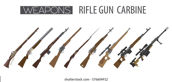 Firearm Set. Gun, Rifle, Carbine. Flat Design. Vector Illustration