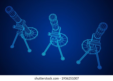 Mortero y mío del ejército con armas de fuego. Ilustración vectorial de malla baja de malla de alambre