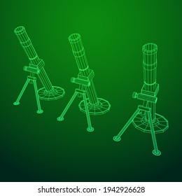 Mortero y mío del ejército con armas de fuego. Ilustración vectorial de malla baja de malla de alambre