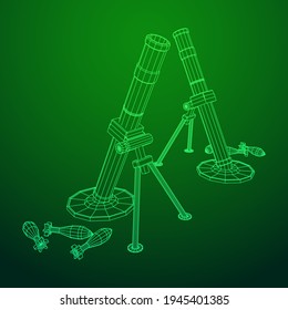 Firearm weapon army mortar and mine. Wireframe low poly mesh vector illustration