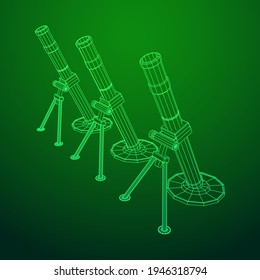 Mortero y mío del ejército con armas de fuego. Ilustración vectorial de malla baja de malla de alambre