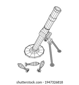 Mortero y mío del ejército con armas de fuego. Ilustración vectorial de malla baja de malla de alambre