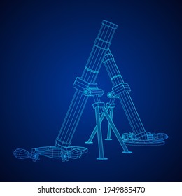 Firearm weapon army mortar and mine. Wireframe low poly mesh vector illustration