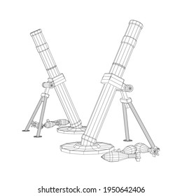 Firearm weapon army mortar and mine. Wireframe low poly mesh vector illustration