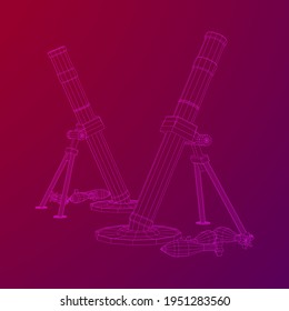Mortero y mío del ejército con armas de fuego. Ilustración vectorial de malla baja de malla de alambre