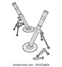 Firearm weapon army mortar and mine. Wireframe low poly mesh vector illustration