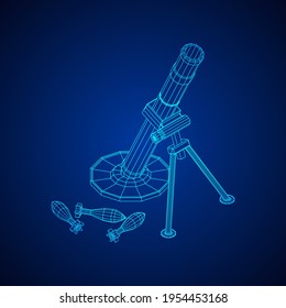 Firearm weapon army mortar and mine. Wireframe low poly mesh vector illustration