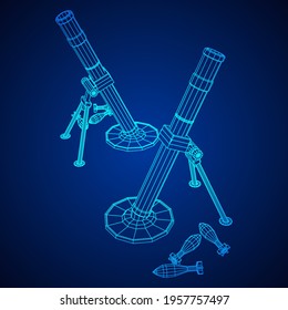 Firearm weapon army mortar and mine. Wireframe low poly mesh vector illustration