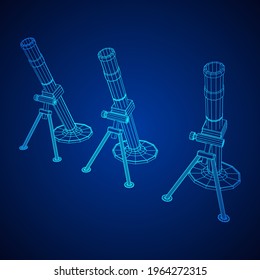 Mortero y mío del ejército con armas de fuego. Ilustración vectorial de malla baja de malla de alambre
