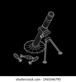 Firearm weapon army mortar and mine. Wireframe low poly mesh vector illustration