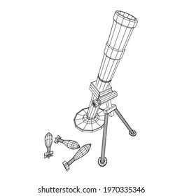 Firearm weapon army mortar and mine. Wireframe low poly mesh vector illustration