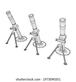 Firearm weapon army mortar and mine. Wireframe low poly mesh vector illustration