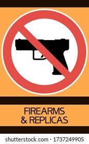 Réplicas de fin de armas de fuego. Artículos prohibidos. Firma. 
Signo redondo, color plano, rojo, negro y amarillo, información textual.