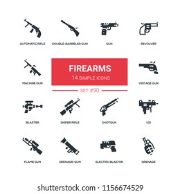 Firearms - flat design style icons set. High quality solid pictograms on white background. Revolver, automatic, flame and sniper rifle, double-barreled gun, electric blaster, shotgun, Uzi, grenade