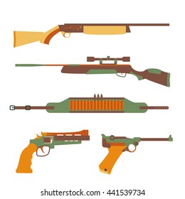 Firearms set design flat. Military weapon and gun, pistol for defense, vector illustration