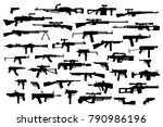Firearms. Vector big set of different modern fire weapons. Black silhouettes on white isolated background. Side view