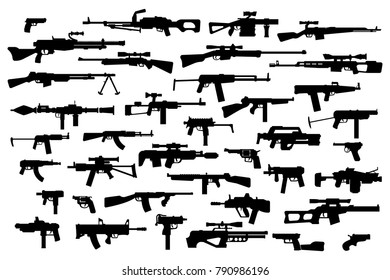 Firearms. Vector big set of different modern fire weapons. Black silhouettes on white isolated background. Side view