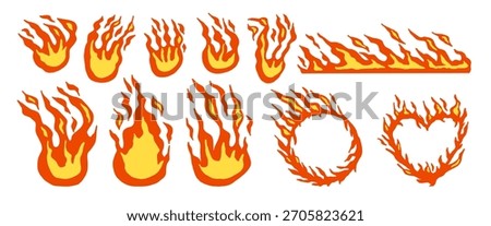 Fireball, burned heart collage frames icon. Doodle flame icons paper cutout set. Colorful simple bonfire stickers for scrapbook. Food spicy symbol shapes. Vector naive punk rock element no background.