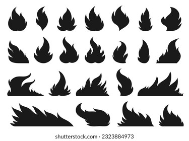 Fireball flame, hot fire black silhouette signs. Campfire fiery icon set. Furious flammable combustion flat clipart. Dangerous natural gas blazing. Burning wildfire effect, bonfires isolated on white