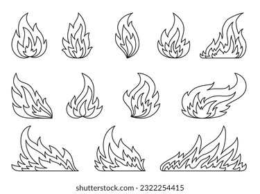 Fireball flame, hot fire linear signs. Campfire fiery black line icon set. Furious flammable combustion flat clipart. Dangerous natural gas blazing. Burning wildfire bonfires on white. Coloring page