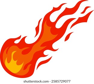 Fireball with flames burning brightly creating a hot fiery trail on a white background, perfect for representing concepts of heat, energy, and combustion