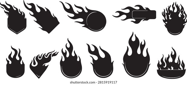 Fireball and flaming meteor silhouettes vector collection fiery comet fire flame icon set space asteroid graphic design elements layout on white background, fireball, fire, flame, meteor, comet, asteroid, silhouette, icon