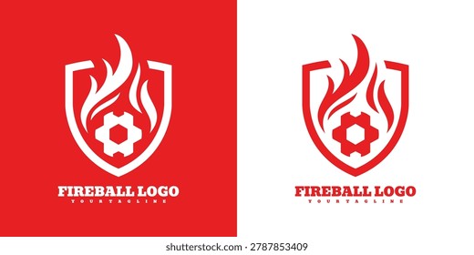 Fireball logo with flaming gear inside a shield representing power and industry in red and white fireball industry