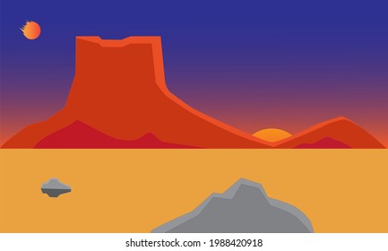 Fireball In The Sky At Sunset Over A Mesa In A Desert Landscape.