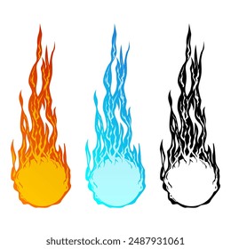 Conjunto de Ilustración vectorial de bola de fuego aislado en el arte de la etiqueta engomada de fondo blanco, Cometa cayendo rápidamente, ráfagas de fuego, disparo de fuego, fuego redondo acelerado, formato EPS es editable.