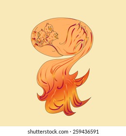 Firebird with chicks isolated on beige background