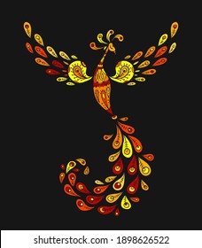 Firebird with a Majestic Tail. Phoenix Bird. Mythical character. Ornamental Silhouette for your design. Vector illustration