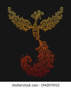 Firebird with a Majestic Tail. Phoenix Bird. Mythical character. Ornamental Silhouette for your design