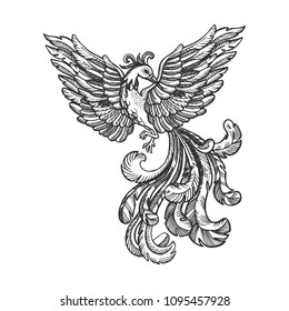 Firebird myth animal engraving vector illustration. Scratch board style imitation. Black and white hand drawn image.