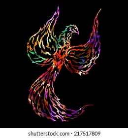 Firebird, mythical creature from russian tales, fantasy flowers, vector illustration