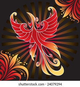 Firebird, mythical creature from russian tales, with background of rays and fantasy flowers, vector illustration