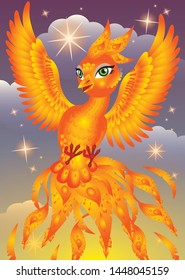 Firebird, Phoenix in cartoon style. Vector illustration. suitable for tantamareski.