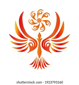 Firebird vector logo symbol. Fire colors bird with sun symbol. Flat icon of phoenix in red, orange colors. Firebird isolated on white.