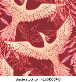 Firebird vector seamless pattern. Stylized bird seamless texture. Textile, wrapping paper, wallpaper design. Stock illustration of ornament element in red and gold colors. Line