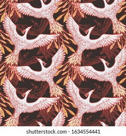 Firebird vector seamless pattern. Stylized bird seamless texture. Textile, wrapping paper, wallpaper design. Stock illustration of ornament element in red and gold colors. Line