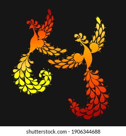 Firebirds with a Majestic Tail. Phoenix Birds. Mythical characters. Ornamental Silhouette for your design. Vector illustration