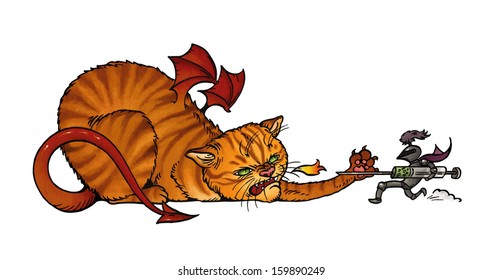The fire-breathing cat attacks the knight with the drug vector