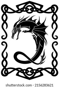 Fire-breathing dragon in a Celtic frame - a vector silhouette picture with a mythological creature. Dragon curved in the shape of the letter C in a frame in the Celtic style.