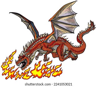 Fire-breathing dragon in the flight. Classic European mythological creature with bat-type wings. Side view. Graphic style isolated vector illustration