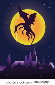 Fire-breathing dragon flying over the city on the background of the Moon.