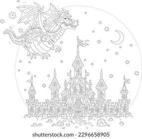 Fire-breathing dragon flying over a fairytale castle with high towers, defensive stone walls, gates, waving royal flags at a mysterious moonlit night, black and white outline vector cartoon illustrati