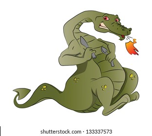 Fire-breathing Dragon with Spoon and Knife, vector illustration