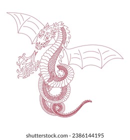 fire-breathing dragon with wings and a long tail, symbol of 2024, graphics, vector, red color, Japanese style